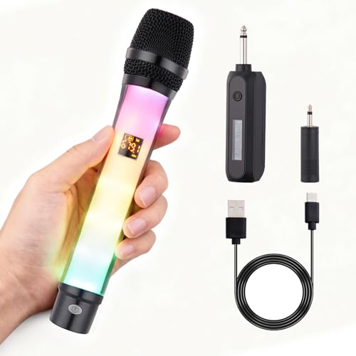 Microphone sans fil à effet de lumière RGB, réduction de bruit intelligente, plug-and-play, 6.35mm/3.5mm, 2.4G sans fil anti-brouillage, adapté pour karaoké sur scène, karaoké, église, mariage (Un)