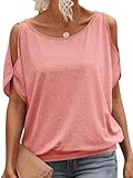 EasyGala Womens Summer Cold Shoulder Tops Banded Bottom Boat Neck T Shirts Sexy Casual Off Shoulder Tops Loose Fit Short Sleeve Clothes 2026 Coral X-Large