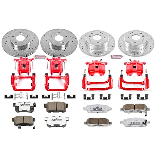 Image of PowerStop Front and Rear Brake & Caliper Kit for Acura TL 2004-08 - Drilled & Slotted Disc Rotors + Carbon-Fiber Ceramic Brake Pads + Red-Powder Coated Calipers, KC2298-26