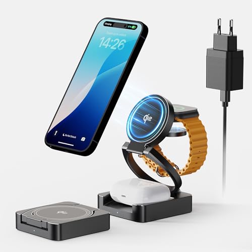 Station de Charge sans Fil Pliante 3-en-1 Qi2 magnétique - Support de Charge Rapide par Induction 25W, Compatible avec iPhone 16/Pro/Pro Max/Plus/15/14/13, Apple Watch 10/9/Ultra 2 et AirPods 4