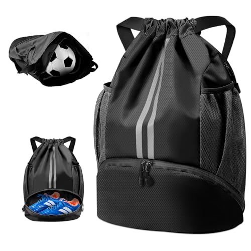 BROTOU Unisex Drawstring Backpack Waterproof Gym Bag Large Oxford PE Pack Students School Backpack Durable Sports Ball Bag with Shoe Bag (A Black)
