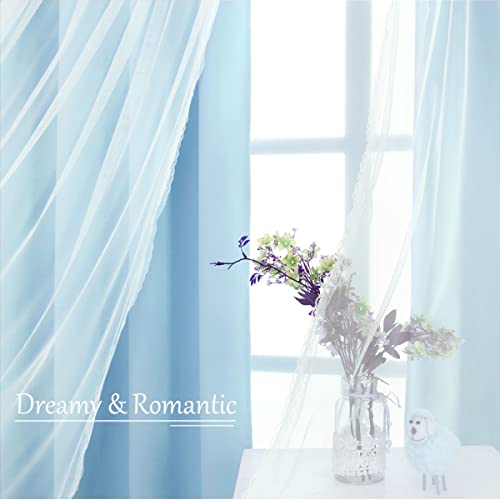 Image of Extra Long Light Blue Blackout Double Layers Curtains Set, Mix & Match Elegance Blue with White Crushed Voile Drapes for Living Room with tie-backs, Nursery, Kids' room, Bedroom, 52'' x108''