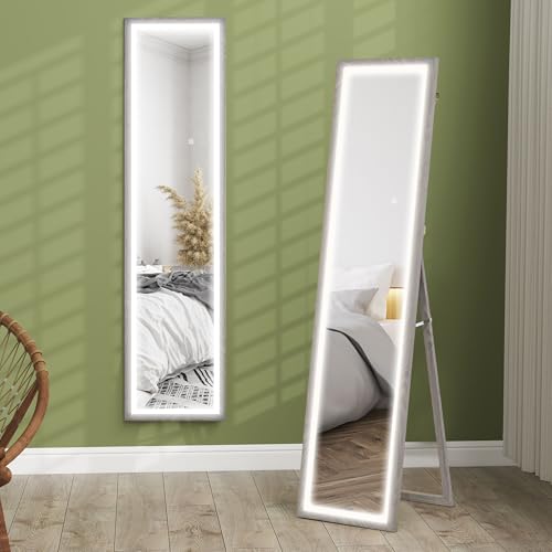 HOMCOM Espejo de Cuerpo Entero con Luz LED 160x40 cm Espejo de Pie Espejo de Pared con Iluminación de 3 Colores Táctil Inteligente Función de Memoria y Soporte para Salón Dormitorio Gris