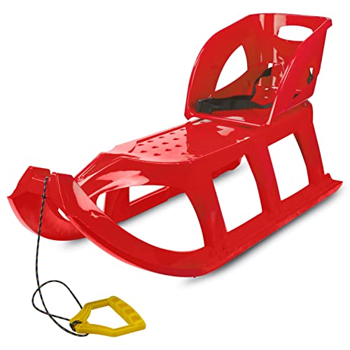 Prime Garden® GIAVELLOTTO Premio 2-sitzer Kinderschlitten Schlitten Kunststoffschlitten für Kinder mit Zugseil Metallkufen Lehne (Rot)