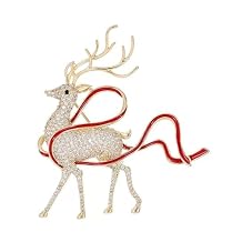 Rhinestone Deer Xmas Brooch Pin for Women Girls Gold Tone Fashion Red Ribbon Crystal Elk Brooches Lapel Pins Cute Christmas Holiday Festival Decoration Suit Dress Accessories Jewelry Gift