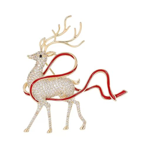 Image of Rhinestone Deer Xmas Brooch Pin for Women Girls Gold Tone Fashion Red Ribbon Crystal Elk Brooches Lapel Pins Cute Christmas Holiday Festival Decoration Suit Dress Accessories Jewelry Gift