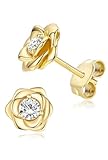 14K Gold Plated 925 Sterling Silver Post Rose Flower Stud Earrings for Women Birthstone Cubic Zirconia Studs Earrings Hypoallergenic & Nickel Free Jewelry Yellow Gold Plated Diamond