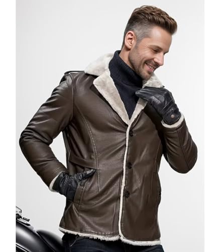 INVACHI Leather Jacket Men Faux Leather Fur Collar Mid-Length Jacket Padded Lining Winter Warm Lapel Trench Coat4