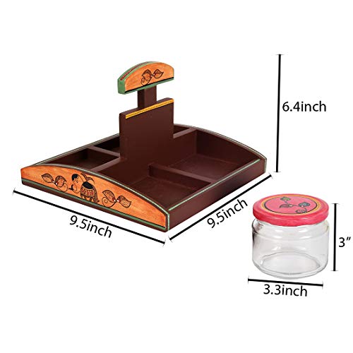 Image of AAKRITI ART CREATIONS Snacks & Cookies Glass Jars Set of 4 | Handcrafted Madhubani Art Storage Set | Natural Brown Matte Finish | Kitchen Jars with Wooden Tray | Dining Table & Kitchen Organizer