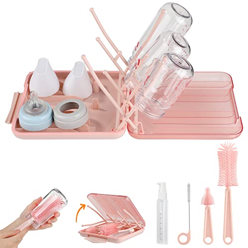 Image of YomauiYee Baby Bottle Brush Set-6 in 1 Bottle Brush Cleaner with Silicone Bottle Brush,Drying Rack,Nipple Brush,Straw Brush,Soap Dispenser&Storage Box-Baby Essentials Gifts for Home&Travel(Pink)