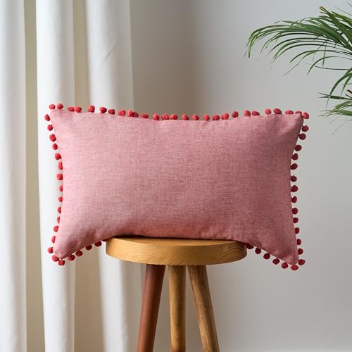 Image of 100% Cotton Pom Pom Cushion Without Filler, Elegant & Modern Cushion Cover for Living Room, Rectangle, 12 inchx20 inch, uni Chambray, Set of 3 - Viva Magenta