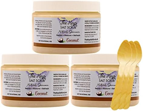 The Keys Salt Scrub -Sea Salt Scrub - Exfoliating Body Scrub with Wooden Spoon - Moisturizing Exfoliator for Hands, Foot, Bath, (12 Ounce (Pack of 3), Coconut)