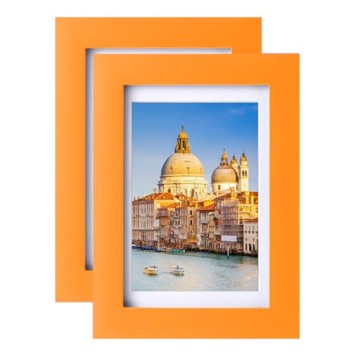 wyooxoo 4x6 Picture Frame Set of 2 Made of Solid Wood Photo Frames Display Pictures 3.5x5 with Mat or 4x6 Without Mat Colorful Frame For Wall or Tabletop Display,Orange