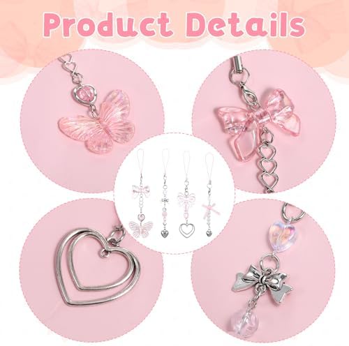 cobee 4Pcs Cute Bow Phone Charm, Pink Phone Charm, Butterfly Phones Strap Aesthetic Beaded Camera Strap Lanyard, Y2K Phones Accessories or Bag Purse Backpack Camera Decor — view 2