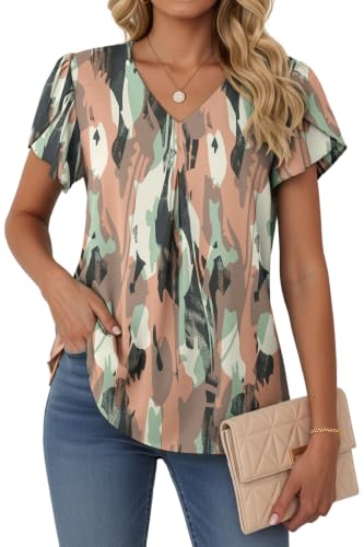Lepunuo Womens Spring Tops Summer Dressy Casual Cute V Neck Work Short Sleeve Blouses Business Flowy Shirts Camo Pink