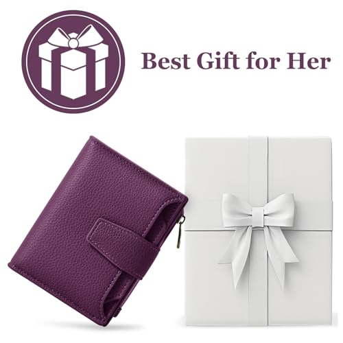 Image of Airkit Wallet Women, Small Wallet for Women Leather, Ladies Bifold Compact RFID Blocking Credit Card Holder, Girls Mini Travel Purse, Pocket Passport Wallet with 4 ID Window, Deep Purple, 5 inch x 3.8 inch x