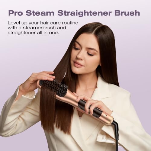 Image of Steam Hair Straightener Brush, Steamline Pro 3 in 1 Straightening Brush, Curly & Frizzy Hair,Smooth Without Flattening, 5 Temp Settings & LED Display, Dual Voltage, Professional Tools, Sun Orange
