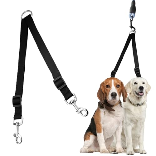 Double Ended Lead for Dogs,1 Pcs Double Lead for 2 Dogs,Adjustable Double Dog Lead,Double Ended Dog Lead for Harness,Black Double Clip Dog Lead for Harness and Collar