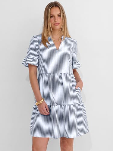 Image of Caracilia Dresses for Women Summer 2026 Striped V Neck Ruffle Sleeve A Line Tiered Flowy Casual Mini Beach Dress with Pockets
