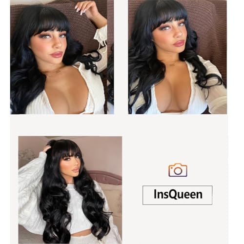 InsQueen Black Wig with Bangs 26 Inch Long Wavy Wigs for Women Body Wave Natural Looking Heat Resistant Synthetic Wig for Women Girls — view 6