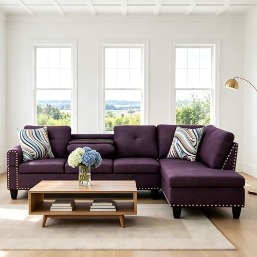 Trygoal L-Shaped Sectional Sofa Modern 4-Seat Couch with Built-in Cup Holders Upholstered Fabric Sectional Couch with Right Facing Chaise for Living Room Apartment Office Purple