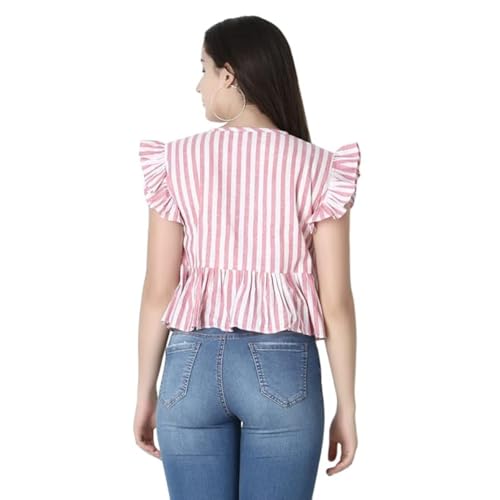 Image of Leriya Fashion Women's Western Regular Fit Crop Tops | Fancy Stripped with Ruffle Sleeves | Button Down Lightweight Cotton for Girls | Suitable for College Office Casual Wear for Ladies