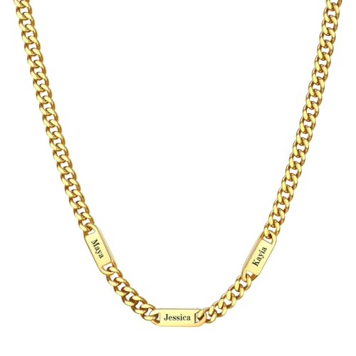 Custom4U Personalized Stainless Steel Cuban Link Chain for Men Women, 5mm/7mm/9mm Width Engraving 1-6 Names Cuban Chain Necklace, Steel/14K Gold Plated/Black Fathers Day Gift Hip Hop Jewelry