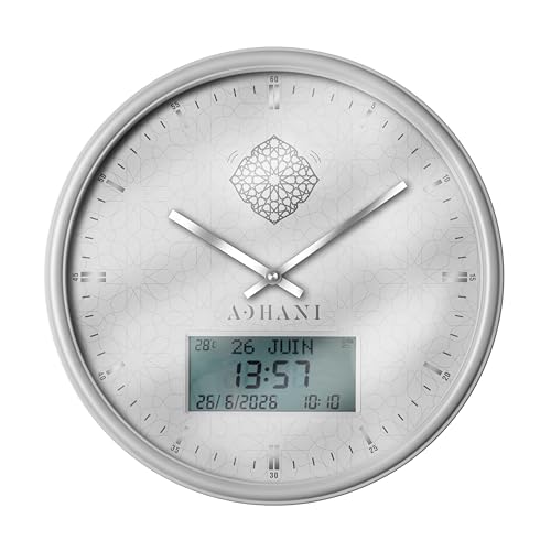 ADHANI – Horloge Adhan Moderne – Appel à la prière Automatique – Chiffres Romains (Noir) (Blanc argenté)