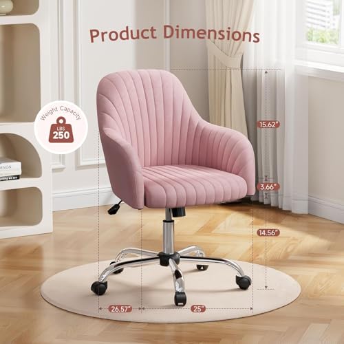 Image of Velvet Desk Chair for Home Office, Adjustable Swivel Task Chair Modern Computer Vanity Chairs with Arm Rest for Bedroom Living Room Make-up Room (Pink Light)
