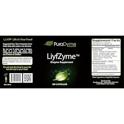 LiyfZyme Plant Based Digestive Enzyme Supplement - 180 Veggie Caps. PuraDyme By Lou Cornoa.