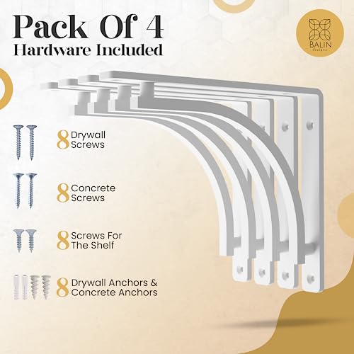 Balin Designs White Shelf Bracket For 8", 10", 12" Shelves Pack Of 4 - Heavy Duty Metal Shelf Brackets - L Brackets For Shelves Easy To Install Indoor Or Outdoor Shelving - Hardware Included #TOP1