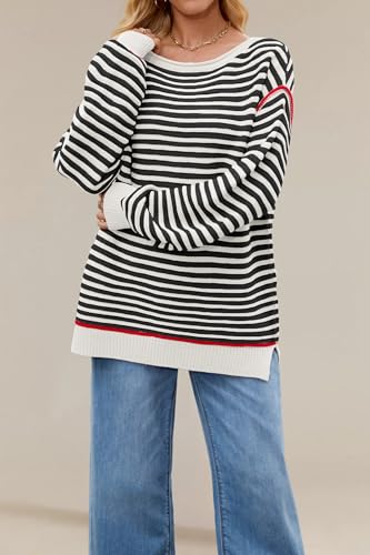 Striped Sweater Women Fall Lightweight Sweaters Loose Fit Jumpers Oversized Boat Neck Knit Tops3