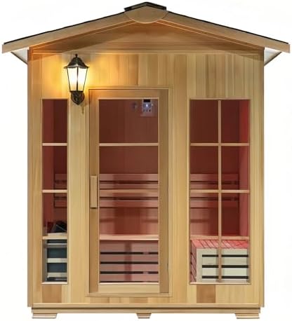 Outdoor Steam Sauna 3-4 Person, Canadian Hemlock Cabin Sauna Room, 6KW Harvia Heater, APP Control, Sealing Waterproof System,Color Lights Strips, Home Spa for Patio(30Minutes,195 °F)