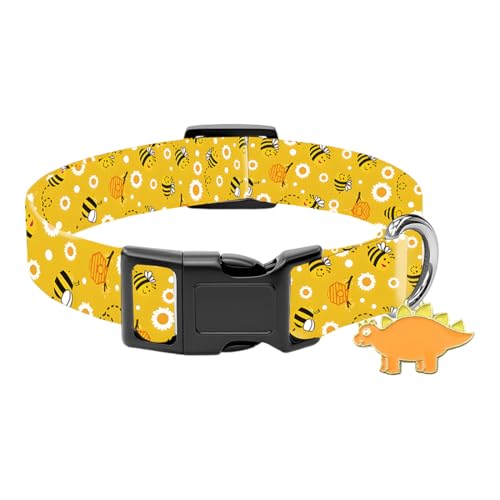 GXGM Collare per cani con motivo ape stampato, con fibbia rapida (fibbia in plastica), ciondolo piccolo dinosauro in omaggio, L (adatto per 40-60 libbre).