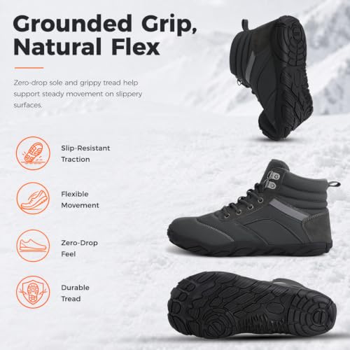 Image of Womens Mens Winter Barefoot Boots Warm Minimalist Wide Toe Box Snow Boots Zero Drop Sole Outdoor Water Resistant Ankle Booties