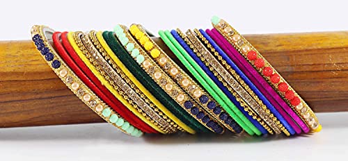 Image of NMII Metal with Zircon Gemstone, Pearls and Beads Studded Glossy Finished Bangle Set For Women and Girls