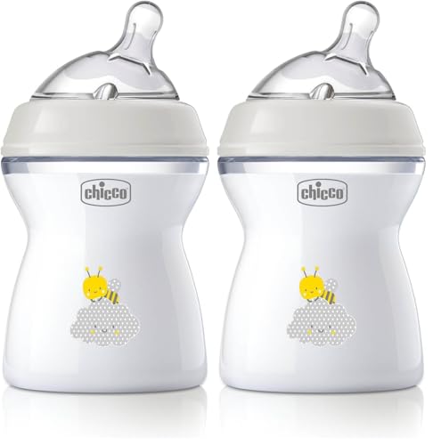 Chicco NaturalFeeling Biberón Anticólicos 2+ Meses, 250 ml, con Tetina Inclinada de Silicona Suave y Doble Válvula Anti Cólicos, Alimentación Natural y Lactancia Mixta - Beige (Paquete de 2)