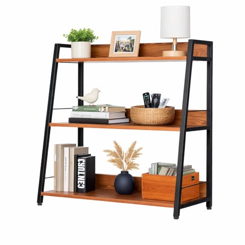Image of Ladder Shelf, 3 Tier Bookshelf, Small Bookshelf for Small Spaces, Wood and Metal Bookcase, Ladder Bookshelf, Modern Storage Shelf for Living Room and Office (Black, Ladder)