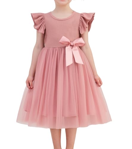 Beganly Mädchen Casual Tüll Prinzessin Kleid Kinderkleider Kleinkind Festkleider Rüschen Ärmel Bowknot Partykleider Staubiges Rosa 2 Jahre(Dusty Pink 100)