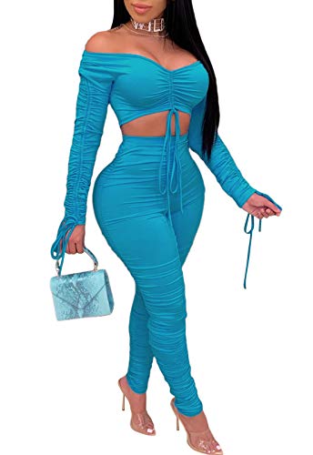 Women's 2 Piece Outfits Drawstring Casual Crop Top Long Sleeve Pants Set