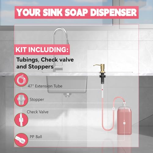 Image of Sink Soap Dispenser, OHiHi Kitchen Sink Soap Dispenser with 47 inch Extension Tube, Wide Pump Head Base, No Water Leaking, No Need to Fill The Little Bottle Again, Gold