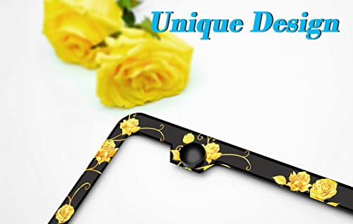 License Plate Frame With Personalized Yellow Rose Flower Designed, License Plate Holder Made Of Premium Aluminum Alloy, Cars Decor With 2 Holes And Screws Fits Standard Us Vehicles Size: 12.2 X 6 Inch #TOP1