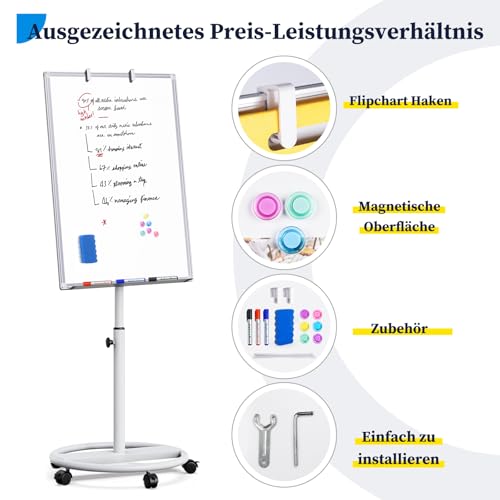 maxtek Pizarra Blanca Con Soporte, 90 X 60 cm Pizarra Caballete, Papel Para Rotafolio MóVil Con Gancho, MagnéTico Para Escribir, Altura Ajustable, 1 Borrador, 3 Marcadores Y 6 Imanes - imagen 3