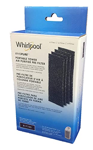 Whirlpool 817100, paquete de 4, 1 año completo de suministro de carbón prefiltros para torre portátil modelo APMT2001M, 3.9 x 11 pulgadas