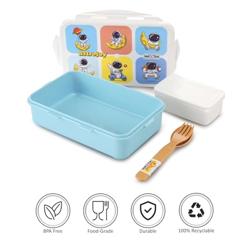 Image of Nayasa Camp 2 Compartment BPA-Free Plastic Lunch Box for Kids Boys | Astronaut Print | Leak Proof Clip Lock | Blue