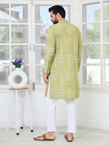 Image of See Designs Men's Full Sleeve Mandarin Collar Floral Embroidered Mandarin Collar Thread Work Straight Long Kurta - Festive Collection