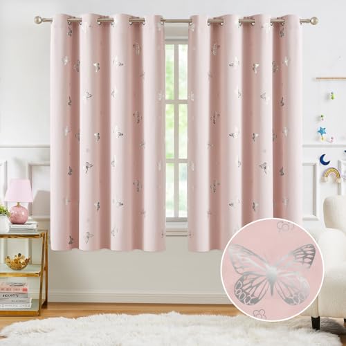 Image of Jubilantex Pink Silver Butterfly Blackout Curtains Metallic 63" Long for Bedroom Nursery Thermal Insulated Window Curtains Grommet 52" Wide,2 Panels