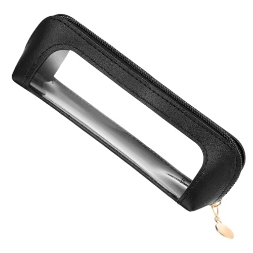 Small Clear Makeup Bag, PU Leather Travel Makeup Brush Case Portable Transparent Waterproof Cosmetic Organizer Pouch with Zipper for Women Home Office Essentials (Black)