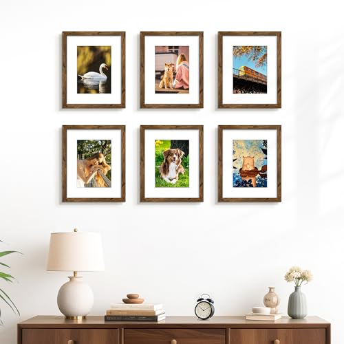 Image of PEALSN 8x10 Picture Frame Set of 6, Display Pictures 5x7 with Mat or 8x10 without Mat for Wall Mounting or Table Top Display, Photo Frames Collage for Wall Decor, Rustic Brown