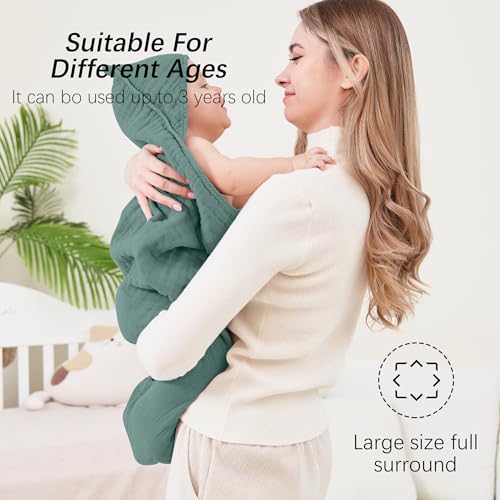 Image of SWEET DOLPHIN Muslin Hooded Baby Bath Towels - 2 Pack 100% Cotton Towel for Babies, Infants, Toddlers - 32x32Inch - Highly Absorbent and Newborn Essential, Deep Emerald